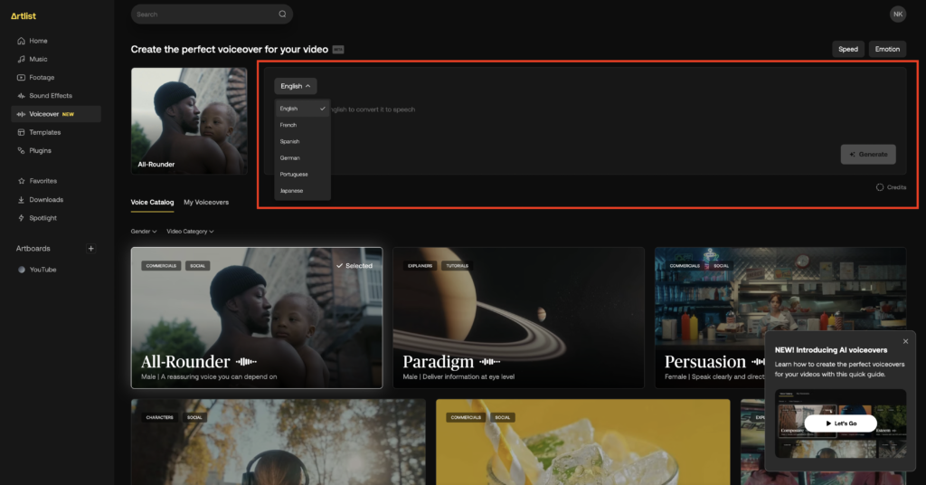 Artlist AI Voiceover